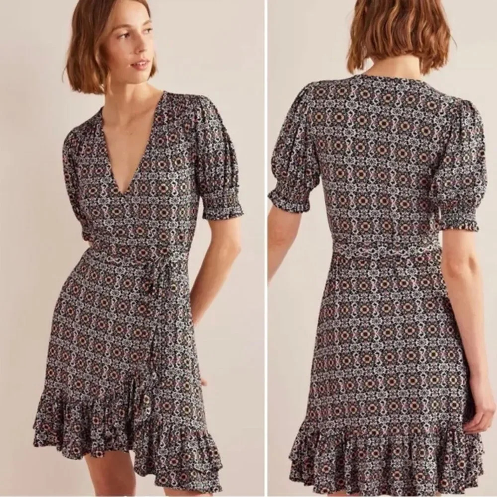 NEW Boden Ruffle Wrap Jersey Mini Dress Black, Opulent Pome